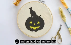 Black Cat Silhouette on Pumpkin Embroidery Designs, Halloween Embroidery Files