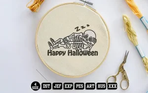 Sleeping Skeleton with Happy Halloween Embroidery Designs, Halloween Embroidery Files