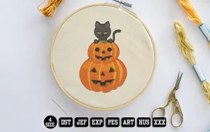 Black Cat and Pumpkins Embroidery Designs, Halloween Embroidery Files