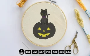 Black Cat on Black Pumpkin Embroidery Designs, Halloween Embroidery Files