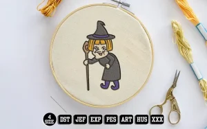 Old Woman Witch Cartoon  Embroidery Designs, Halloween Embroidery Files