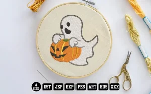 Hovering Ghost with Pumpkin Embroidery Designs, Halloween Embroidery Files