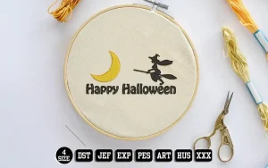 Crescent Moon and Flying Witch Embroidery Designs, Halloween Embroidery Files