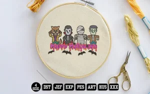 4 Monsters Happy Halloween Text Embroidery Designs, Halloween Embroidery Files