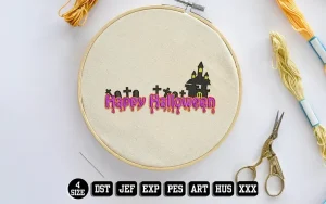 Castle Happy Halloween Text Embroidery Designs, Halloween Embroidery Files