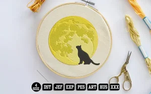 Black Cat Silhouette and Moon Embroidery Designs, Halloween Embroidery Files