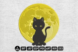 Black Cat and Moon Embroidery Designs, Halloween Embroidery Files