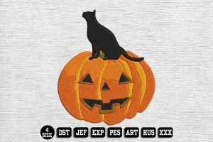 Black Cat on Pumpkin Embroidery Designs, Halloween Embroidery Files